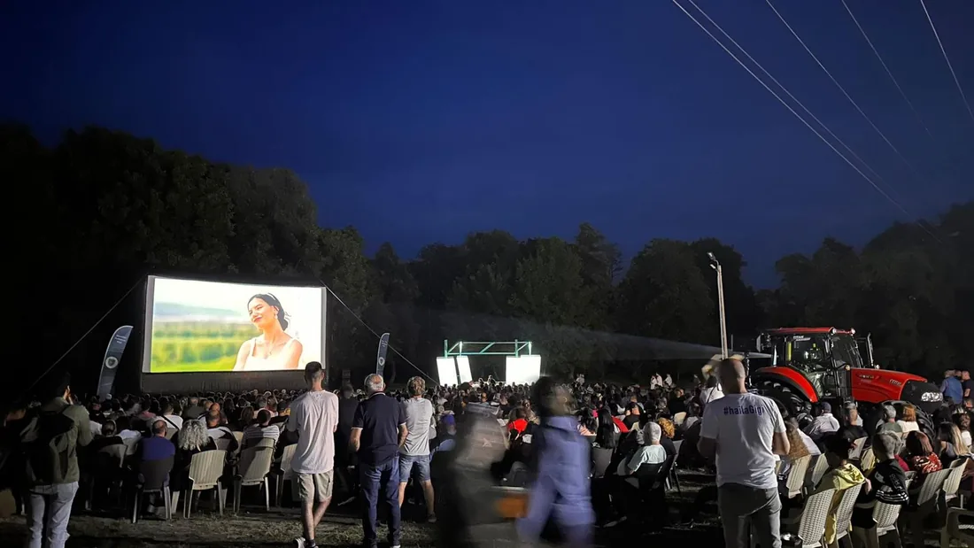 Public urmărind o proiecție de cinema în aer liber, seara